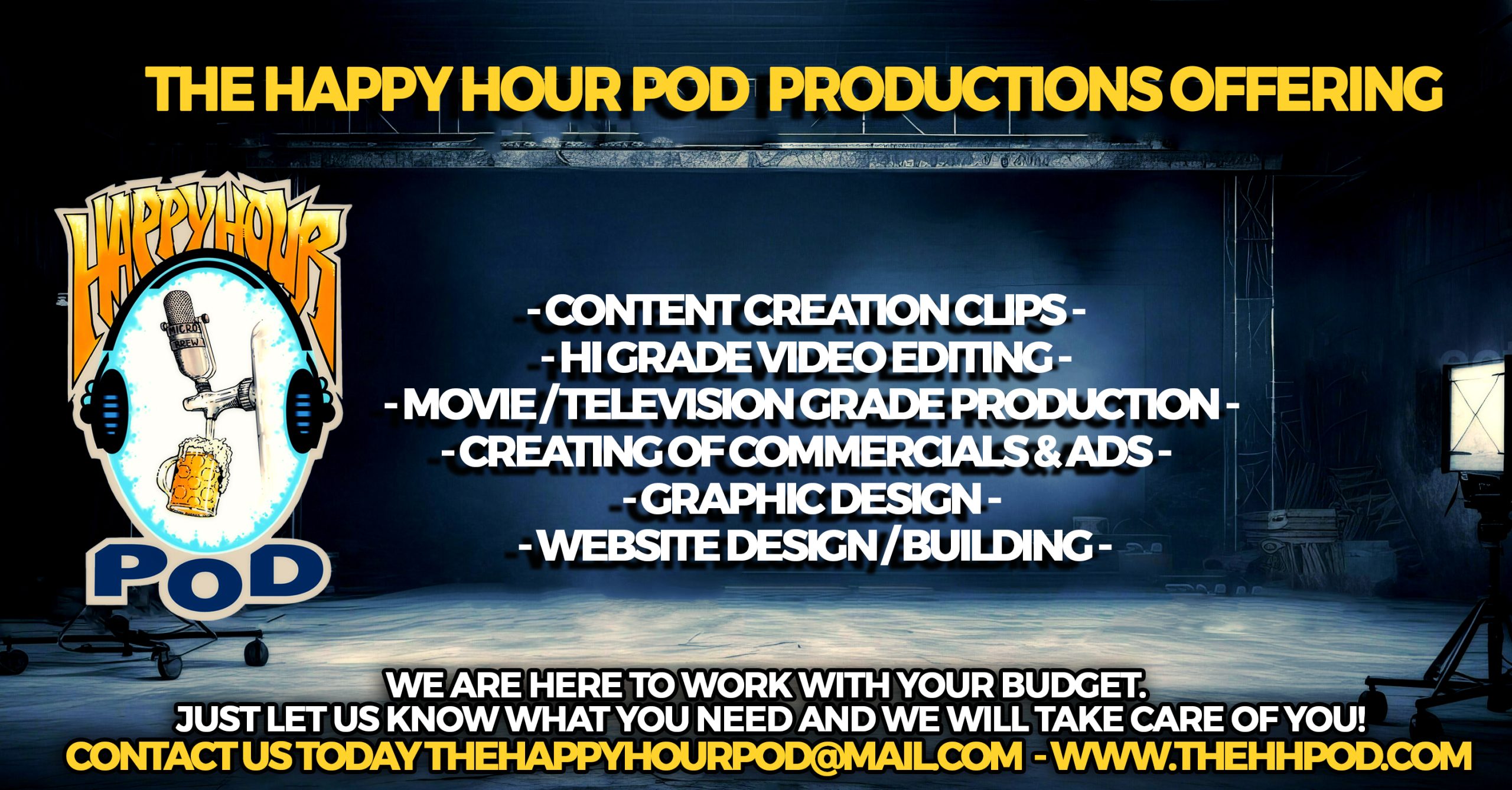 We are here for any and ALL of you video / Graphic Design / Website Building etc! Email us today today!